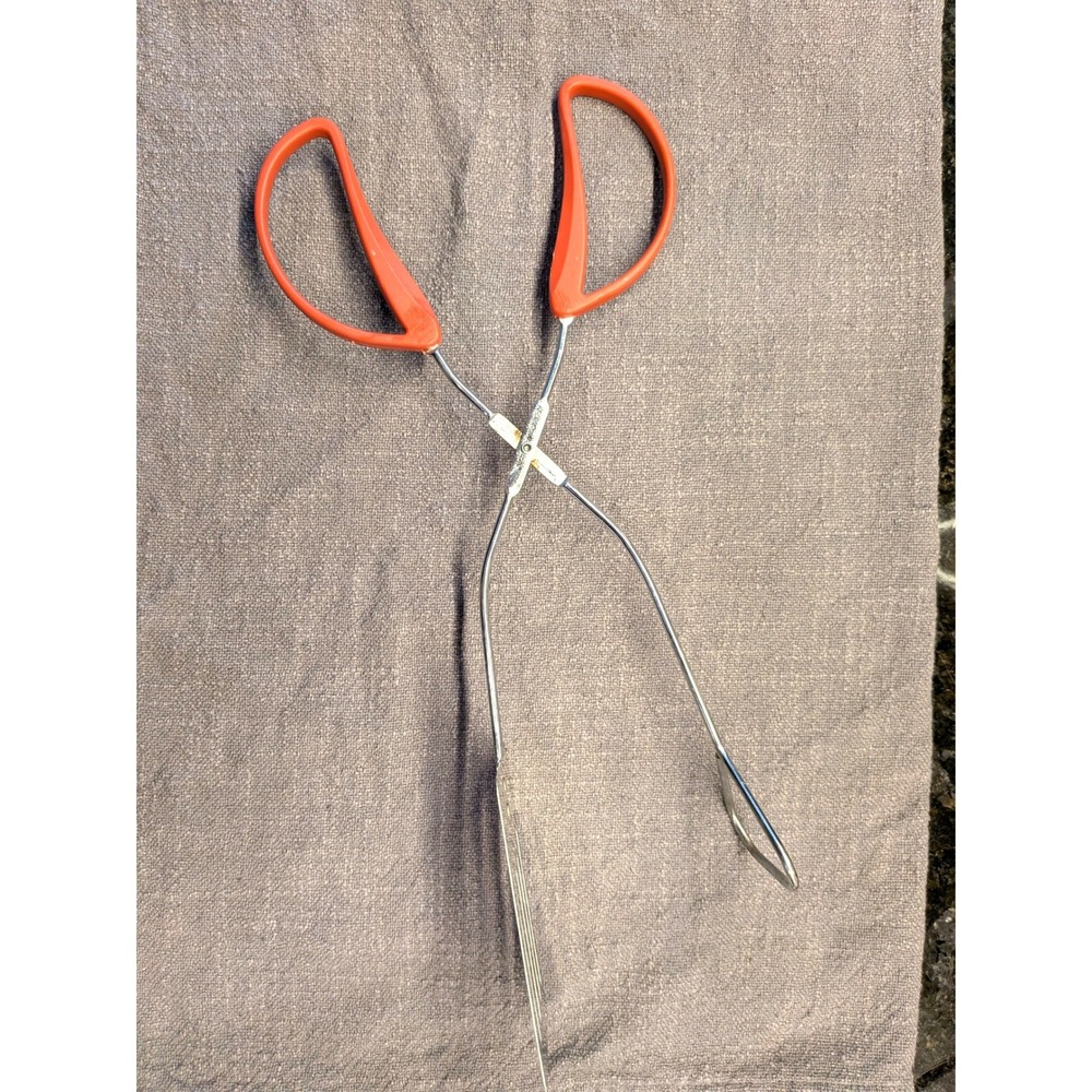 Vintage Scissor Style BBQ Tongs Spatula Hybrid Stainless Steel Orange